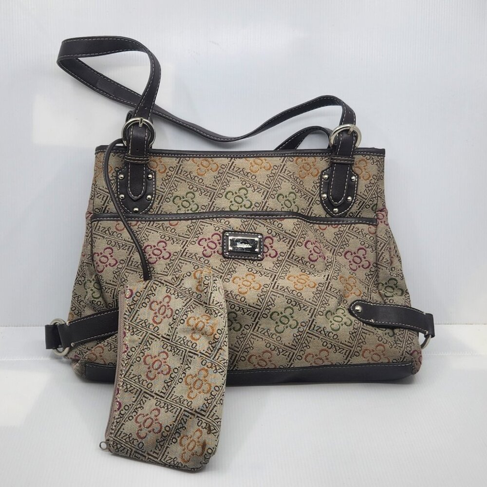 Liz & Co Canvas Monogram Shoulder Tote Brown Faux Leather Trim 2-pc Set